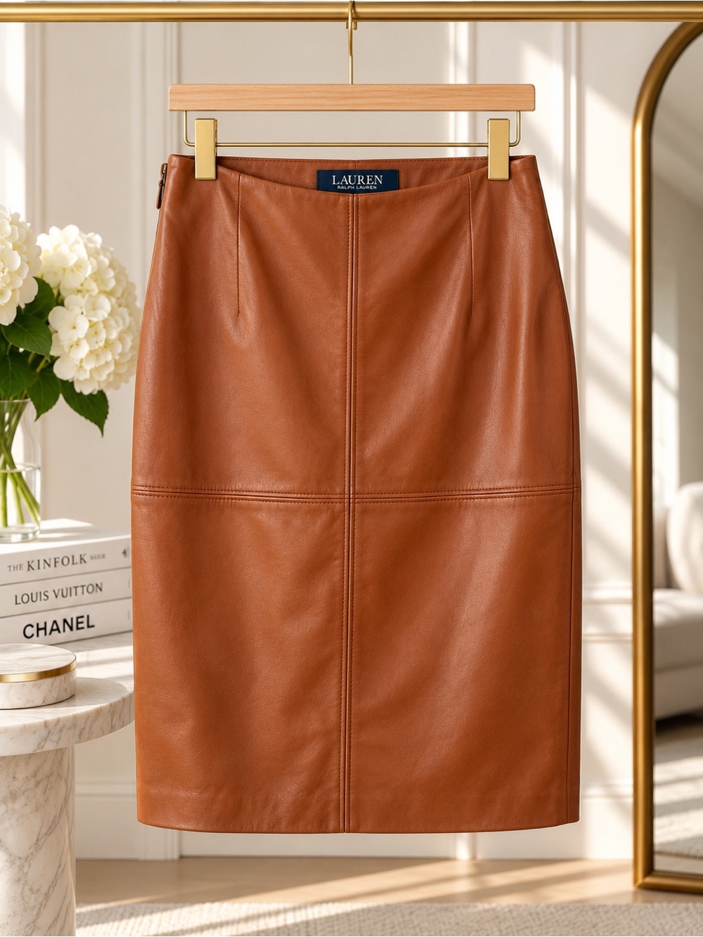 Lauren Ralph Lauren Cognac Lamb Leather Pencil Skirt Size 4P